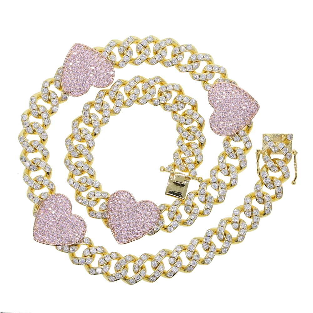 New 12mm Width Pink Heart Iced - Cuban Link Chain 12Mm 评论和价格