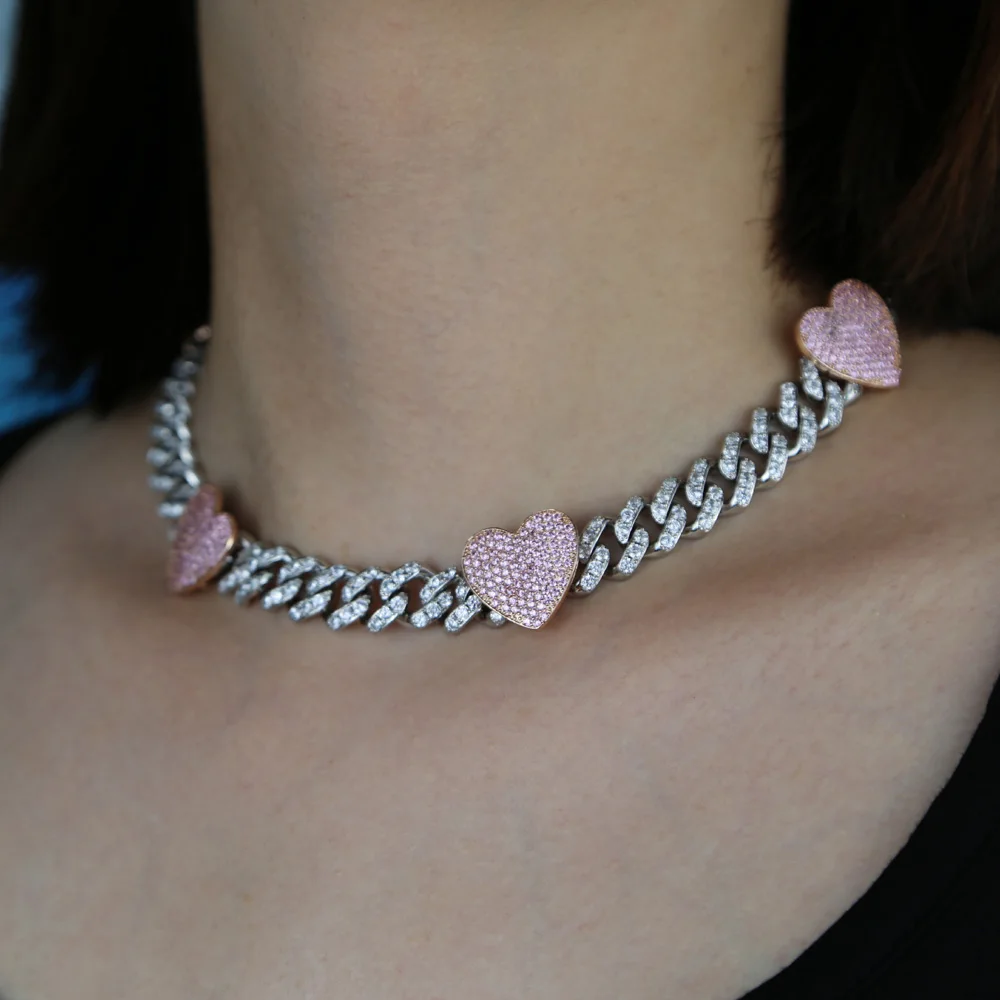 New 12mm Width Pink Heart Iced - Cuban Link Chain 12Mm 评论和价格