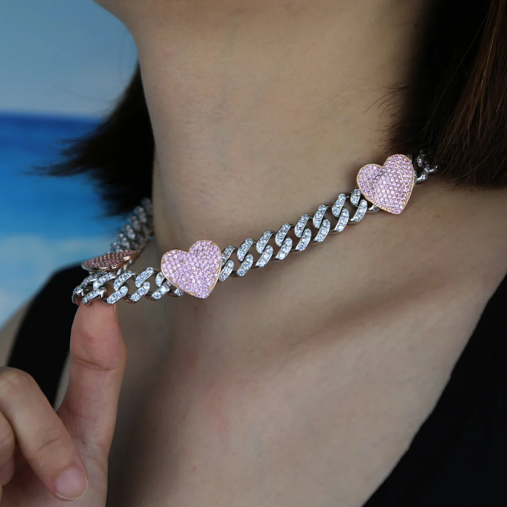 New 12mm Width Pink Heart Iced - Cuban Link Chain 12Mm 评论和价格